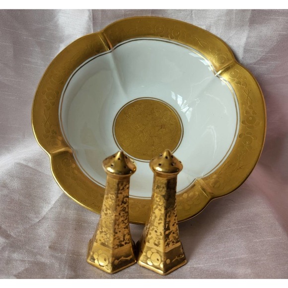 Antique Other - Pickard or Limoges style Serving Bowl + Salt/Pepper. Signed!